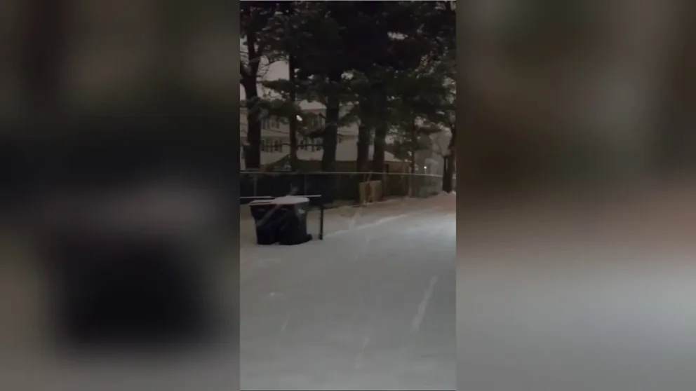 A video shared from Worcester, Massachusetts, shows snow falling during a winter storm on Sunday, Feb. 9, 2025.