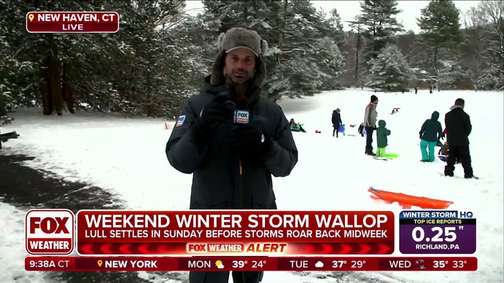 A winter storm swept across the Northeast and New England on Saturday night and Sunday morning, turning communities across Connecticut into a winter wonderland. FOX Weather Meteorologist Nick Kosir was in New Haven on Sunday morning where people were sledding and having snowball fights.