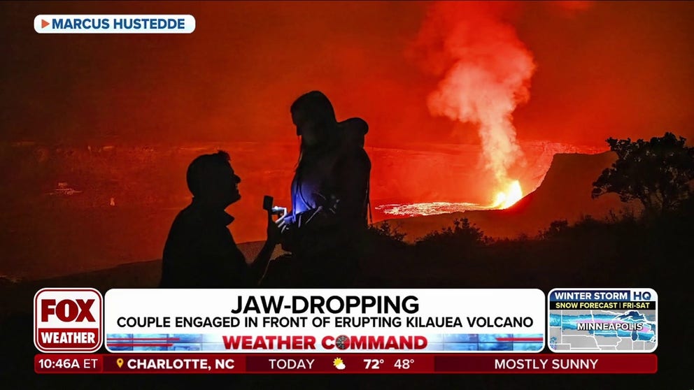 Marcus Hustedde and Ashley Goins committed themselves in January in front of the shine of the Kilua Erupted volcano in Hawaii. They join Fox Weather to talk about the proposal and future wedding plans. 