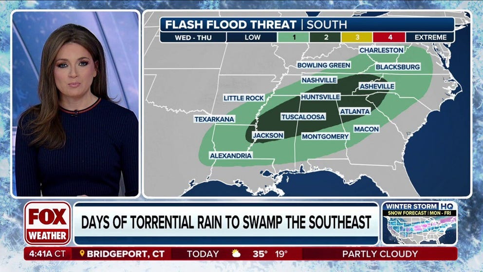 A series of storms, fueled by deep tropical moisture, will bring repeated rounds of downpours through midweek. By the end of Friday, rain totals in the Southeast could reach 5 to 8 inches, with parts of Mississippi, Alabama, Georgia, and Tennessee expected to see the highest amounts.