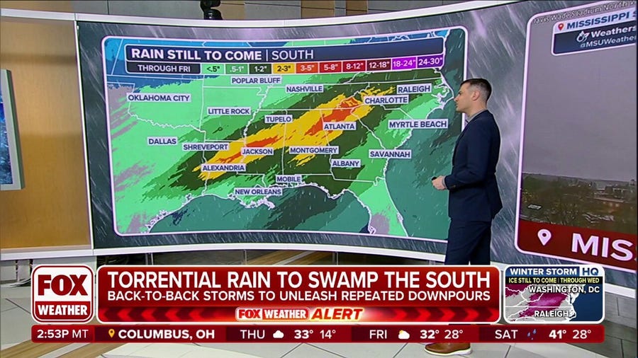 Back-to-back storms bringing repeat downpours to the South 