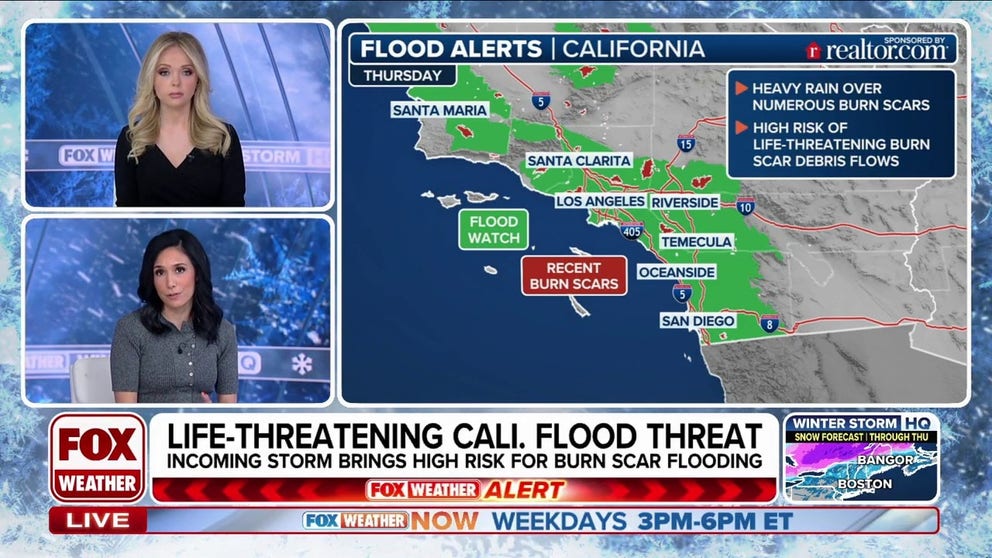 Flood watches are posted up and down the California coast as an atmospheric river will bring torrential rain to many areas in need of moisture but too much rain in burn scar areas could lead to flooding and landslides. The incoming storm will peak in southern California on Thursday with rainfall rates up to 1 inch per hour. Higher elevations could see more than six feet of snow. 