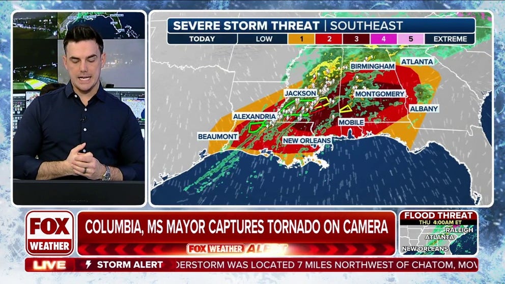 At least one tornado was spotted moving through Columbia, Mississippi, where cameras captured the funnel touching the ground.