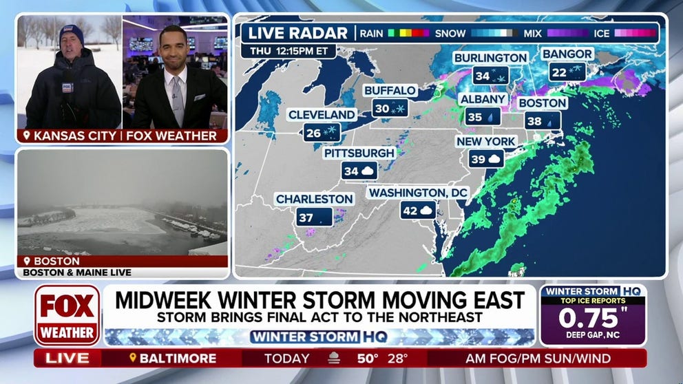 A powerful and deadly winter storm that slammed the Plains and Midwest on Wednesday moved into the Northeast on Thursday morning where it impacted the morning commute due to snow and ice across the region.