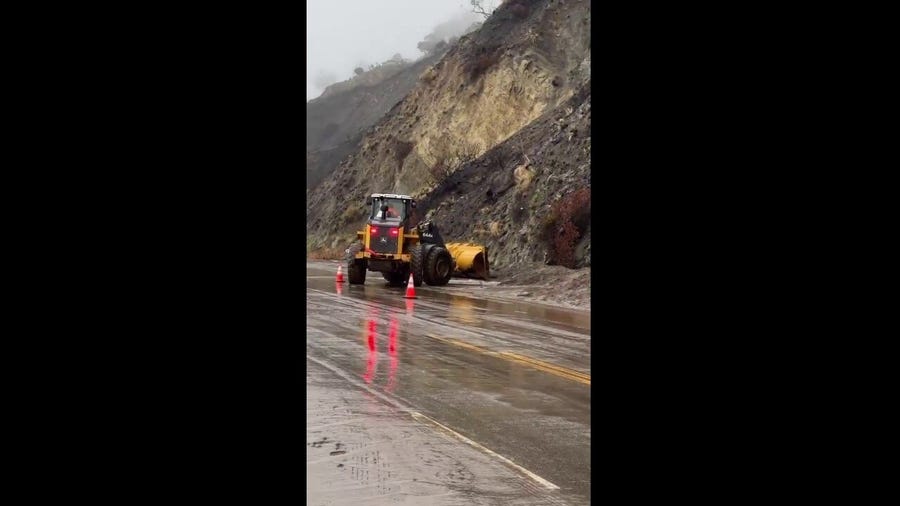 Mudslides from atmospheric river close Pacific Coast Highway in Malibu, California