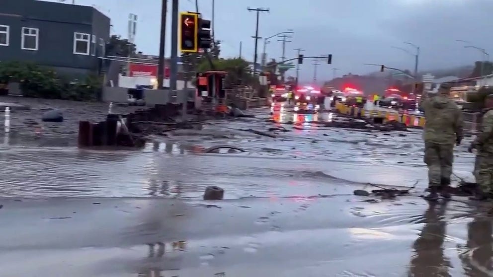 Las Flores road in Malibu, California which was impacted by the Palisades Fire was innundated with debris after an atmospheric river caused mudslides on Thursday (Alexandra Datig via Storyful).