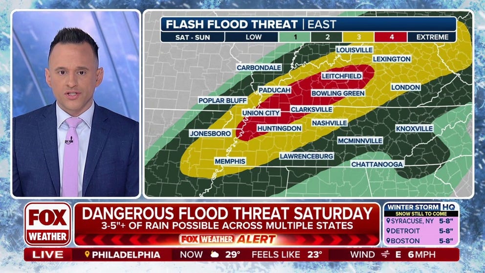 A rare level 4 out of 4 risk for flash flooding is posted Saturday for northwestern Tennessee and Kentucky as multiple inches of rain are set to fall on saturated soils presenting flood risks to areas that typically don't flood.