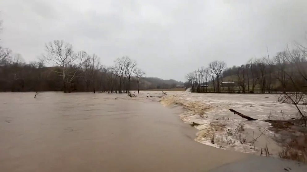 A video shared from Madison County, Kentucky, shows major flooding that washed away trees and turned roads into rivers over the weekend.