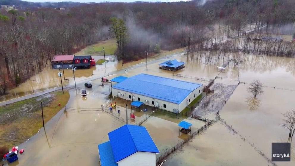 A drone video is providing a dramatic, bird's-eye look at catastrophic and deadly flooding that occurred across portions of Kentucky over the weekend. The video shows numerous buildings surrounded by water near Levi Jackson Park in London, Kentucky, on Saturday, Feb. 15, 2025.