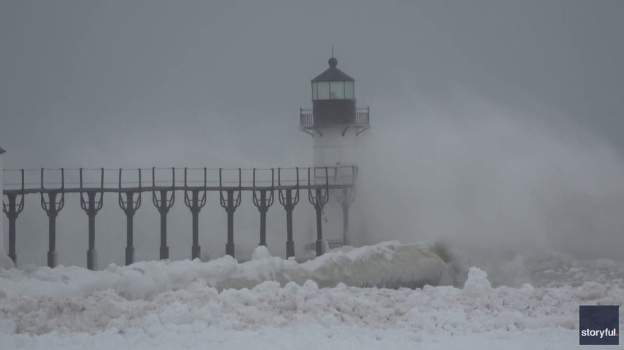 Video: Ice boulders form on Lake Michigan shore as frigid winds batter Great Lakes