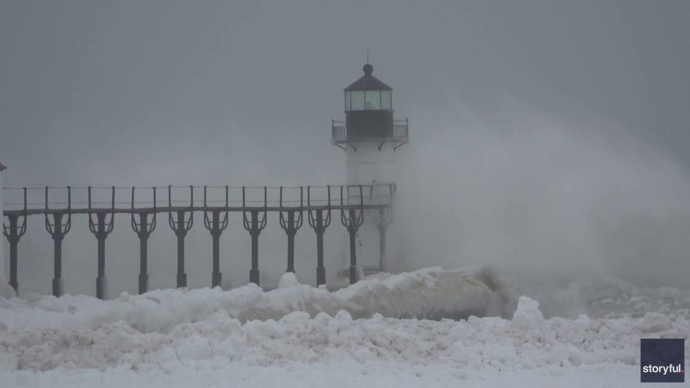 Large chunks of ice formed on the Lake Michigan shoreline as large waves crashed up onto the pie on Sunday in St. Joseph, Michigan. Video shows the ice and strong winds that fueled the waves.