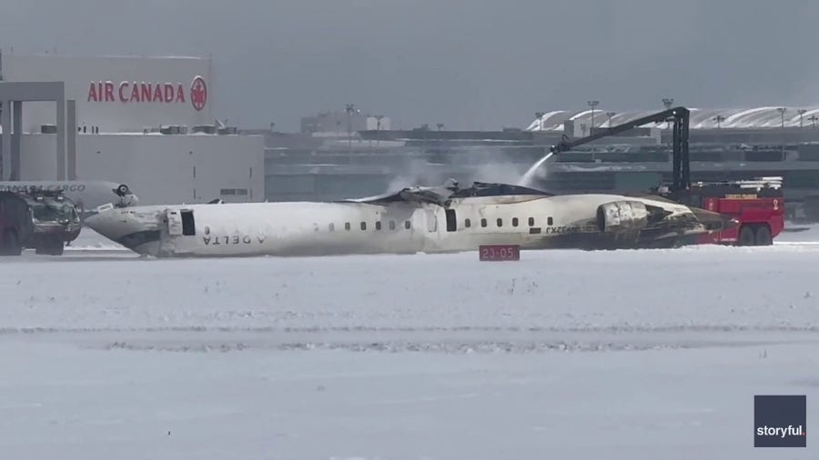 A scary scene in Canada where a Delta Airlines aircraft flipped over after landing at Toronto Pearson International Airport