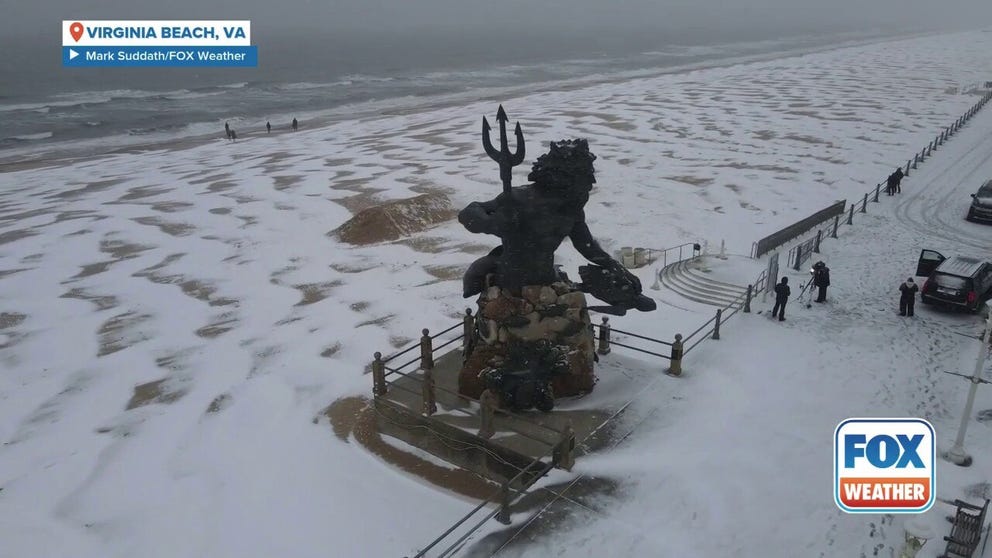 Drone video shows the snowy scene in Virginia Beach, Virginia on Feb. 19, 2025 during a major winter storm. 