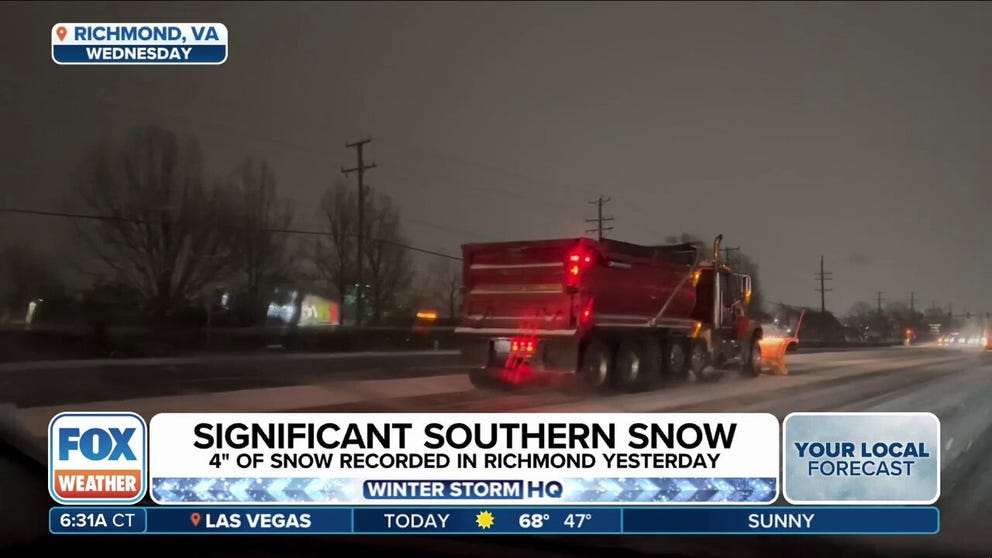 Crews are continuing to clear roads and highways after a deadly winter storm barreled across the mid-Atlantic on Wednesday. FOX Weather Meteorologist Marissa Torres was in Richmond, Virginia, on Thursday morning with the latest on the storm. 