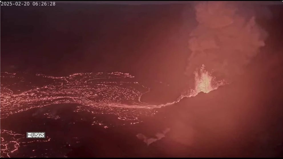 A recording from a USGS live video of the ongoing Kilauea volcano eruption shows a lava fountain at Halemaʻumaʻu crater on Feb. 20, 2025.