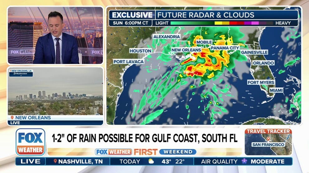 The FOX Forecast Center is monitoring a developing area of low pressure along the Gulf Coast that will bring heavy rain and a chance of thunderstorms this weekend into early next week. While some areas could see a soaking rain on Sunday, by Monday, the same low-pressure system will dip south and move eastward toward the Florida Peninsula, where storms could pack a stronger punch