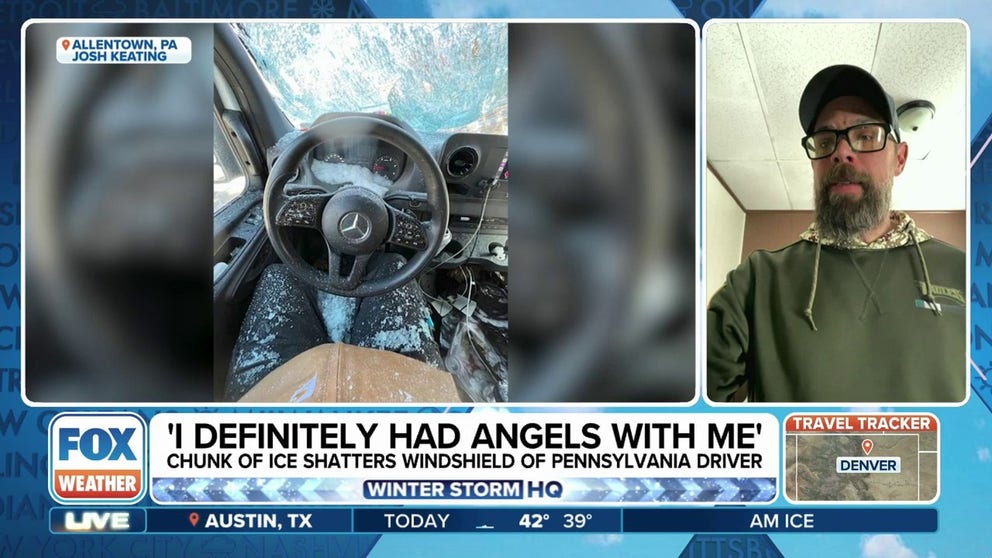 Pennsylvania driver Josh Keating spoke about how he narrowly escaped a chunk of ice that had fallen off of a semi-truck and then crashed through his windshield. 