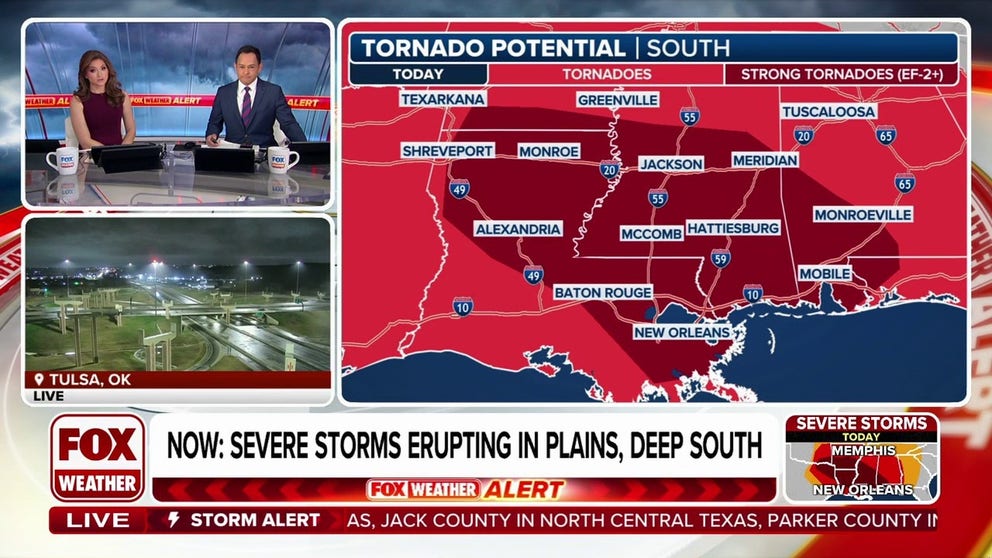 A Tornado Watch remains in effect for portions of Oklahoma and Texas early Tuesday morning as severe weather sweeps across portions of the Plains and Deep South. FOX Weather Meteorologists Britta Merwin and Craig Herrera break down the latest forecast.