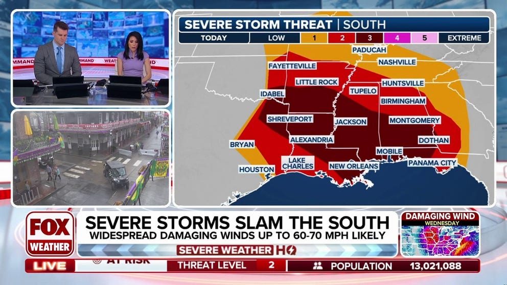 A line of powerful storms raced across portions of Texas and Oklahoma on Tuesday morning, and now the threat of severe weather is going to shift to the Deep South, Gulf Coast and Southeast. FOX Weather Meteorologists Stephen Morgan and Marissa Torres break down the latest forecast.