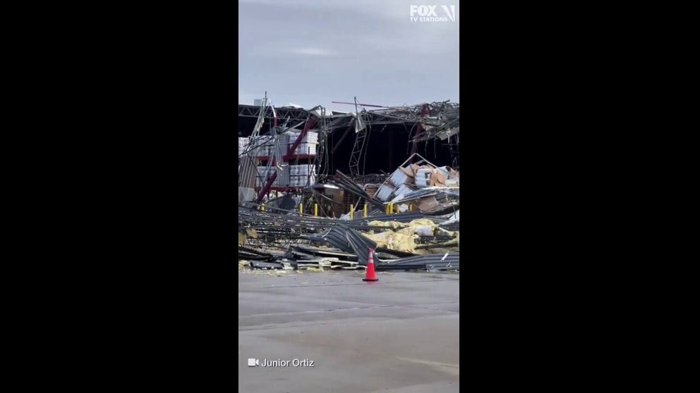 Part of a Benjamin Moore Paint warehouse in Lewisville, TX was destroyed during severe weather Tuesday morning (Video Credit: Junior Ortiz).