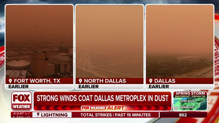 Strong winds continue to blast the Dallas area as the dust creates low visibility.