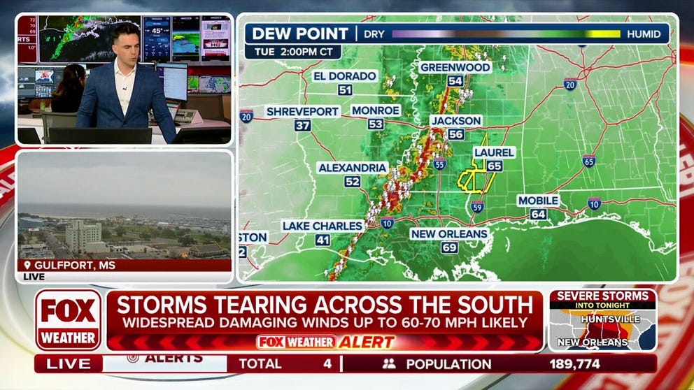 Severe thunderstorms continue to bring wind gusts up to 70 mph and the threat of tornadoes across parts of Mississippi and Louisiana, including New Orleans. FOX Weather Meteorologist Steve Bender explains what those in Arkansas, Alabama and Tennessee need to know moving into Tuesday night. 