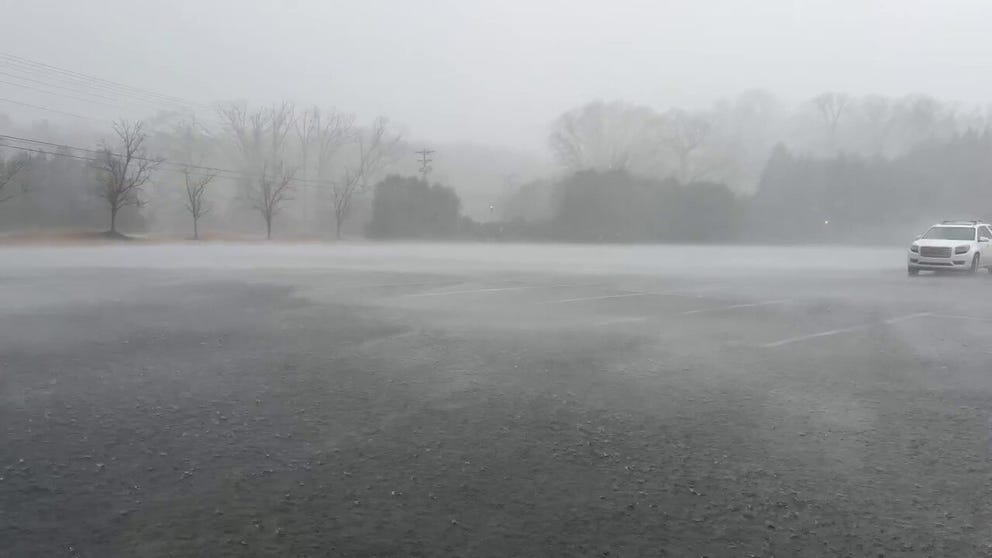 A video shared from Matthews, North Carolina, shows heavy rain falling at the Divide Golf Club in Union County on Wednesday, March 5, 2025.