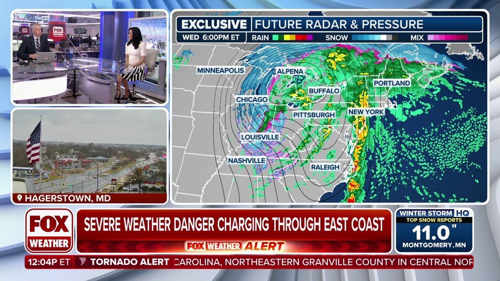 Tornado Watches and Severe Thunderstorm Watches are in effect in fhe mid-Atlantic as severe weather continues on its path toward the East Coast. FOX Weather Meteorologists Bob Van Dillen and Marissa Torres have the latest.