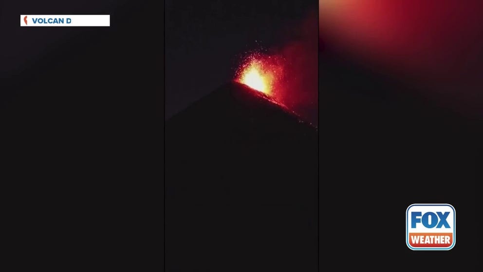 日曜日の夕方にグアテマラの火山デ・フエゴが破裂した後、何万人もの人々が危険にさらされました。フレームはxユーザー@kevart_を撮影したのは、火山から噴出する溶岩を示しています。