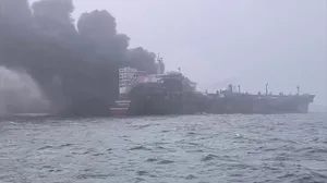 Watch: Smoke erupts from US tanker struck by container ship in North Sea