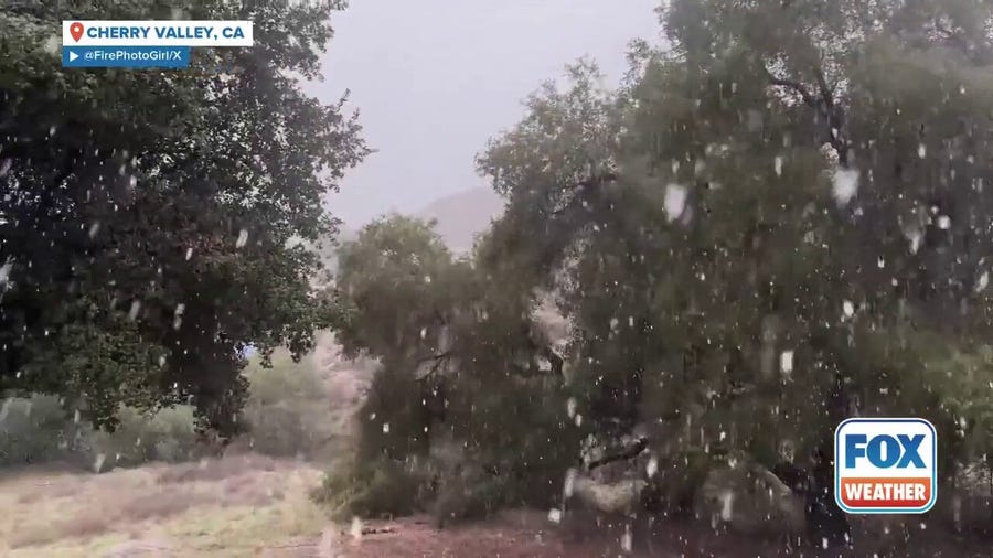 Snow falls in Cherry Valley, CA amid atmospheric river