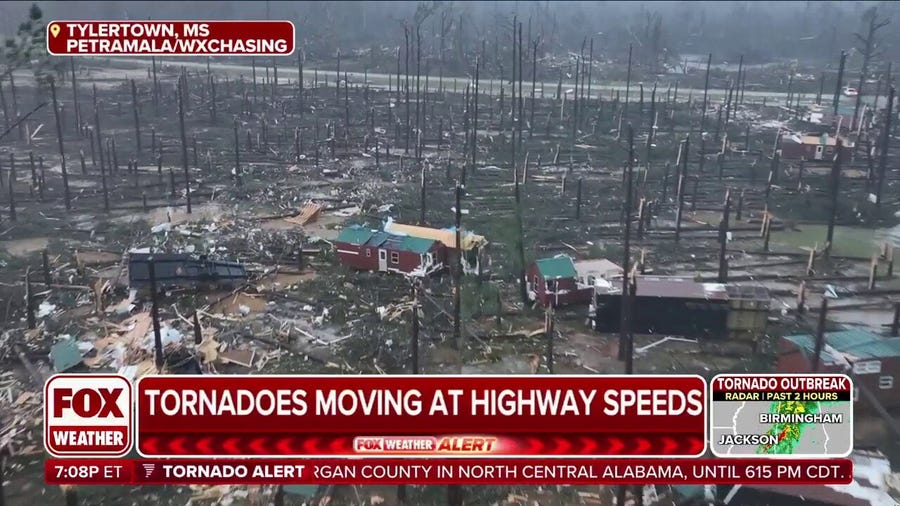 Drone video shows catastrophic damage in Tylertown, Mississippi, after tornado