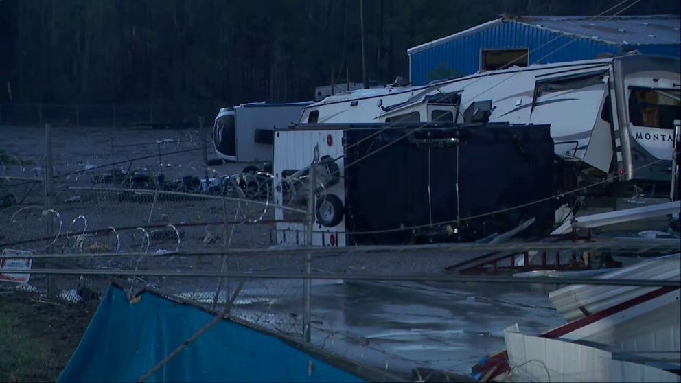 A video recorded in Calera, Alabama, shows significant damage left behind after powerful storms swept through the region over the weekend. The powerful storm system responsible for the damage has left more than 30 people dead from tornadoes and a dust storm.