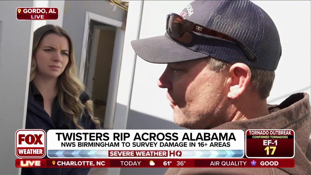 Tuscaloosa firefighter Josh Pate was at work during the storms when a tornado tore through his house in Gordo, AL with his wife and children inside. Fortunately the family was in their tornado shelter and were unharmed. Pate spoke with FOX Weather Correspondent Katie Byrne on Monday.