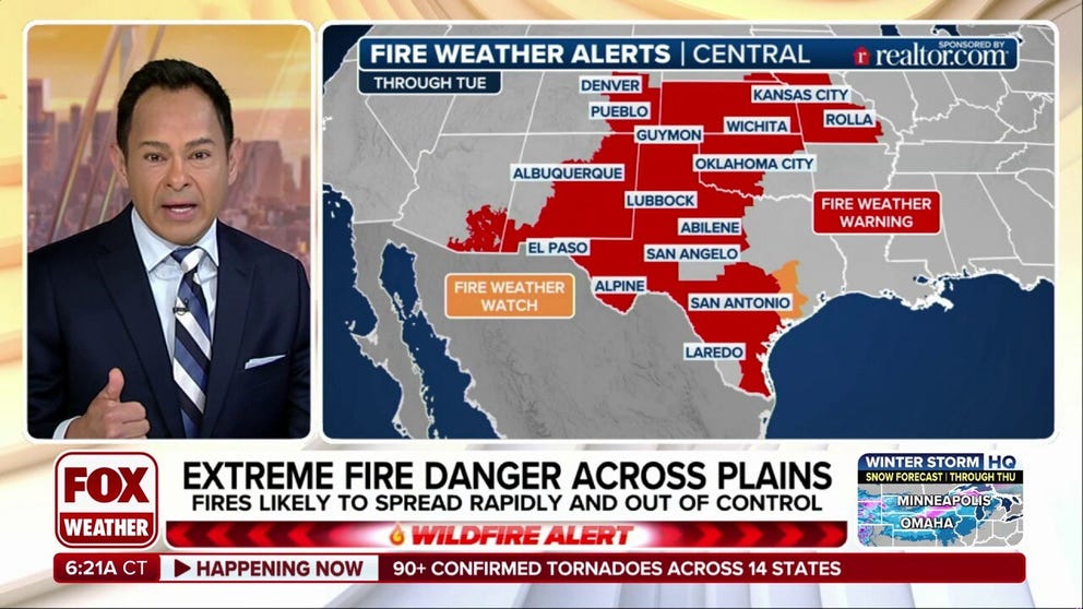 There is extreme fire weather danger Tuesday afternoon for parts of New Mexico, Texas and Oklahoma as winds once again pick up over large swaths of very dry land. Sustained winds of up to 30 mph are expected, with gusts between 40 and 60 mph. Any fires that ignite will have the potential to spread rapidly and uncontrollably.