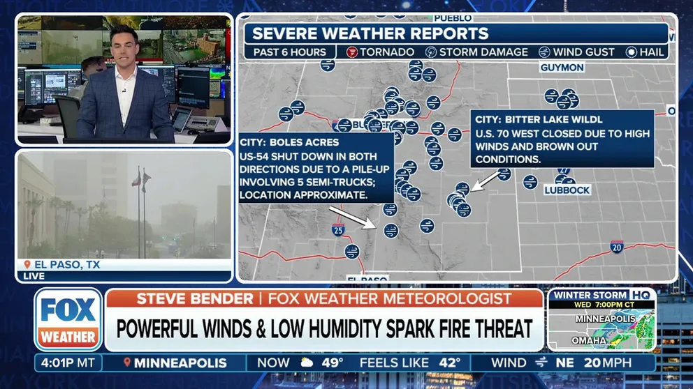 Strong winds gusting to 65-75 mph are sweeping across New Mexico, triggering multiple crashes and highway closures as visibility drops to near zero in blowing dust.