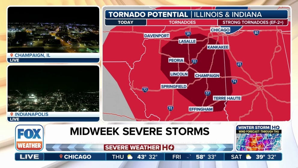 The storm system that's blasting portions of the Plains with heavy snow and strong winds is also expected to spawn severe weather on Wednesday, putting cities like Chicago and Indianapolis on alert for some strong to severe thunderstorms. FOX Weather Meteorologists Britta Merwin and Craig Herrera break down the latest threats.