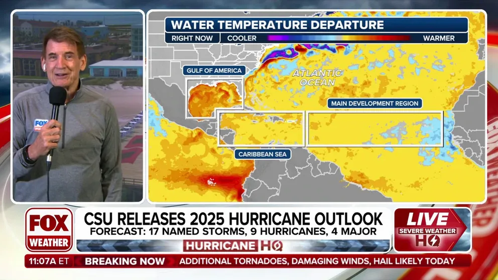 FOX Weather Hurricane Specialist Bryan Norcross discusses the first outlook issued for the 2025 Atlantic hurricane season, which was released Thursday morning by forecasters at Colorado State University. The CSU team is calling for 17 named storms, nine of which are expected to become hurricanes. Four of those hurricanes could reach major status, with winds of at least 111 mph (Category 3 or higher).