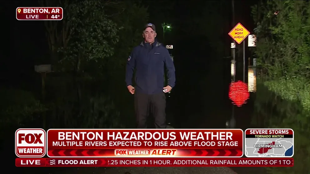 FOX Weather Storm Specialist Mike Seidel reports from a flooded Benton, Arkansas, where the Saline River has risen to more than 8 feet above flood stage and crested at its highest level since 1990 on Sunday morning.