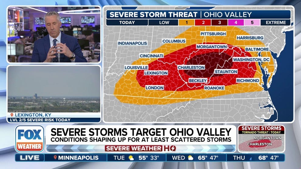 Conditions are ripe for severe thunderstorms across the Ohio Valley on Monday. A Level 3 out of 5 risk is forecast for parts for West Virginia and northwest Virginia.