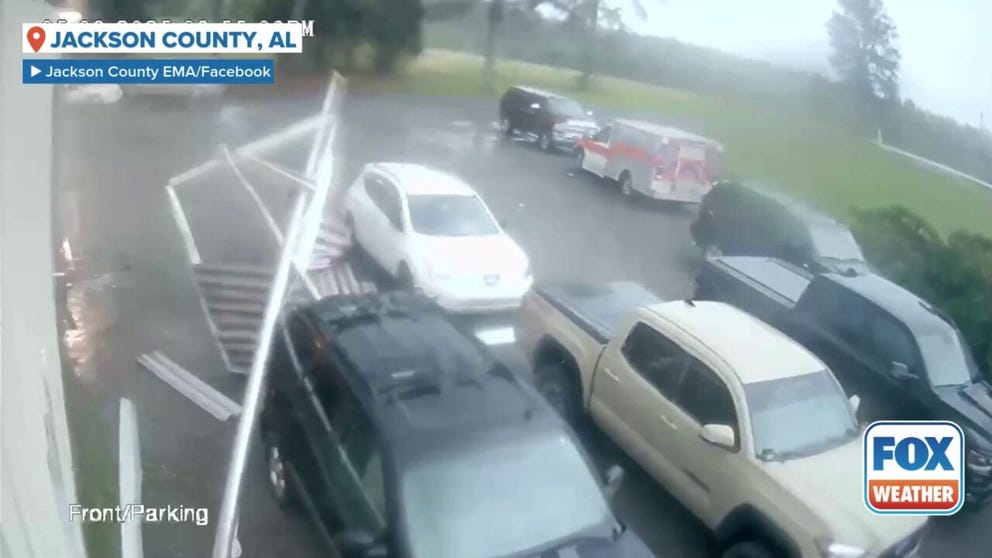 A video provided by the Jackson County Emergency Management Agency in Alabama shows severe weather moving through the area and causing damage to the Rosalie Volunteer Fire Department in Pisgah on Saturday, May 3, 2025.