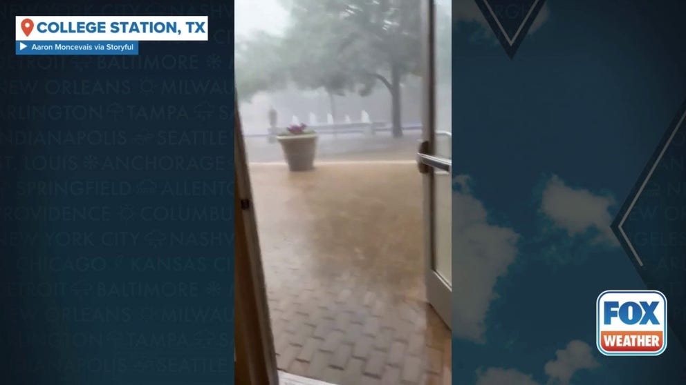 FILE VIDEO - Powerful winds and torrential rain slammed the Texas A&M University campus in College Station, Texas, on Tuesday, May 6, 2025.