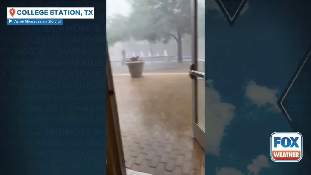 FILE VIDEO - Powerful winds and torrential rain slammed the Texas A&M University campus in College Station, Texas, on Tuesday, May 6, 2025.