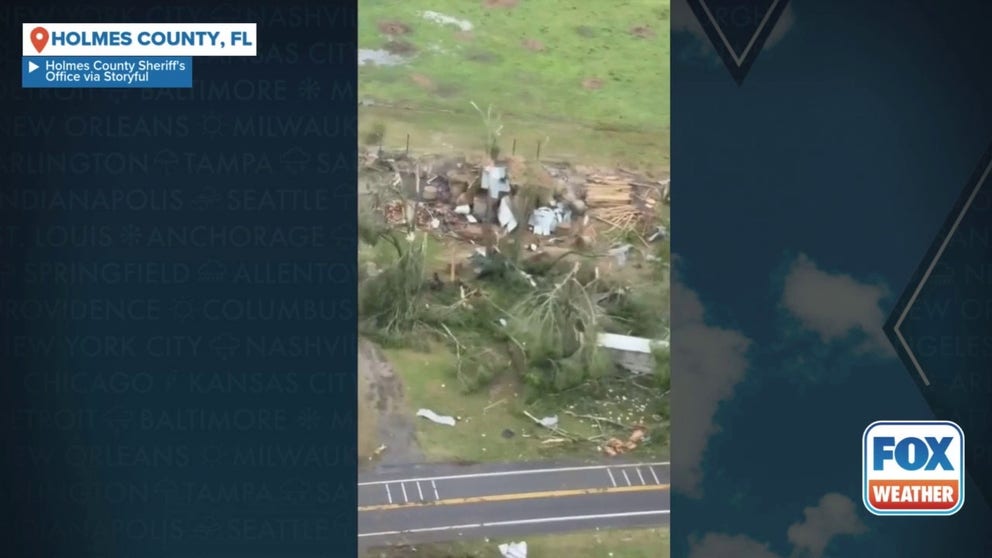 An aerial video provided by the Holmes County Sheriff's Department in Florida shows widespread damage after a possible tornado touchdown on Saturday, May 10.