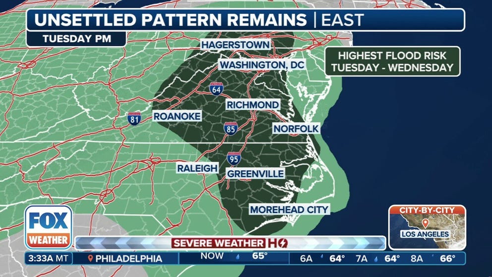 The same storm system that brought severe weather and flooding rains from the Gulf Coast to the Southeast has started its onslaught on the mid-Atlantic with cities like Washington, D.C., seeing a flood threat on Tuesday. FOX Weather Meteorologist Britta Merwin breaks down the latest forecast on Tuesday, May 13.