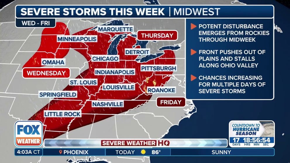 A multiday severe weather threat will begin on Wednesday in the Upper Midwest before targeting millions in cities like Chicago and Milwaukee on Thursday. FOX Weather Meteorologists Britta Merwin and Kendall Smith break down the latest on Wednesday, May 14.