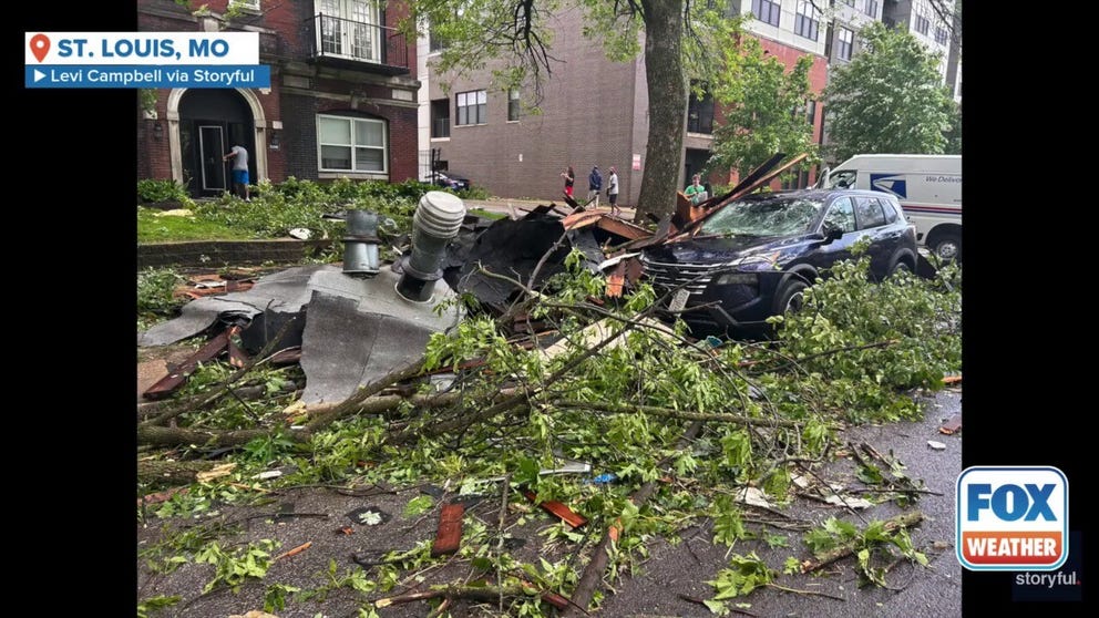Footage shot on Friday afternoon shows powerful winds in St. Louis, Missouri, hurling brush and debris down Pershing Avenue.
