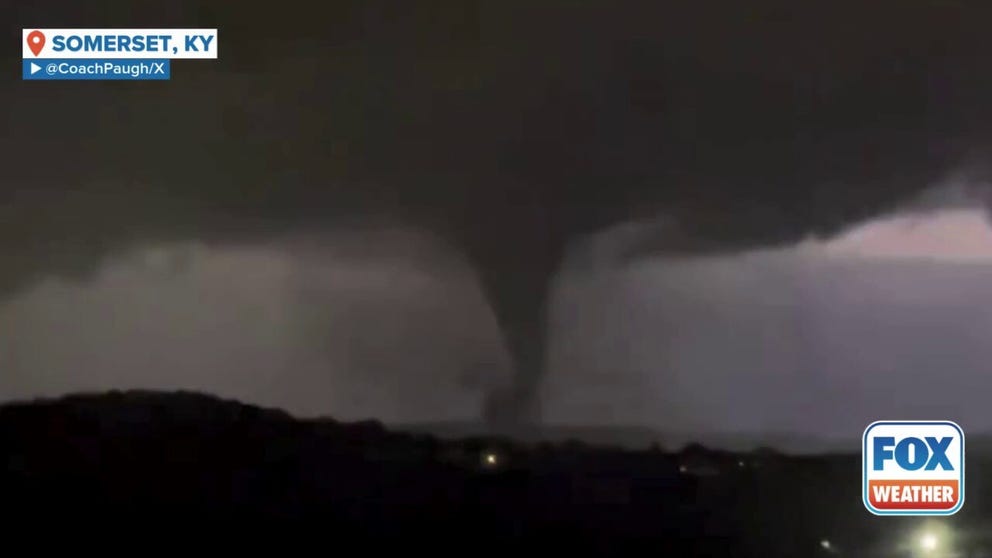 Video from Friday night in Somerset, shows a tornado being lit up in the night sky by lightning and power flashes.