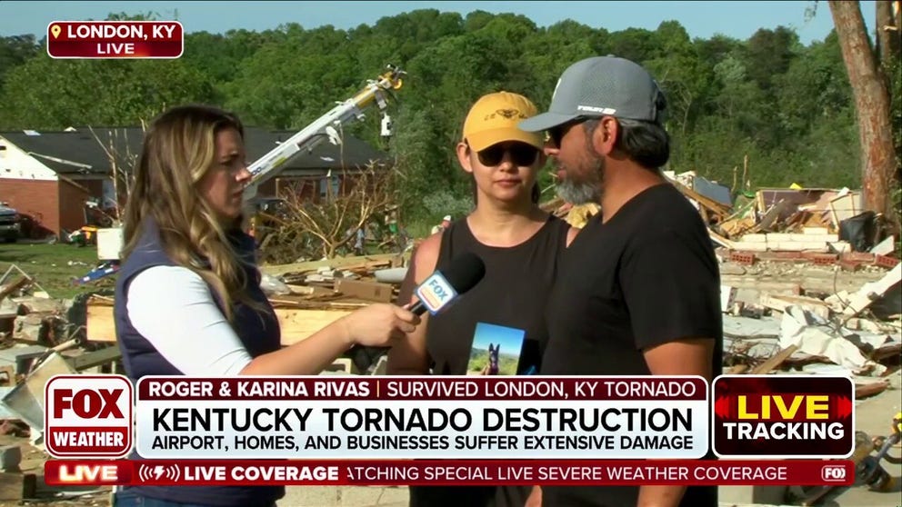 Homes are reduced to slabs in London, Kentucky after a tornado tore through the community. Roger and Karina Rivas told FOX Weather's Katie Byrne they hunkered down in a bathroom and then realized their house was gone. 