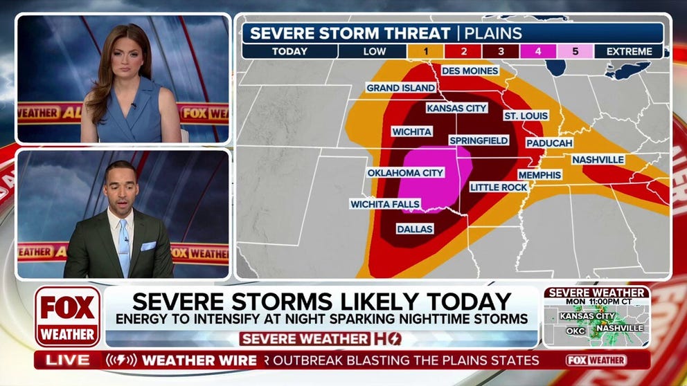 A perchance   volatile setup is shaping up   crossed  the Plains and mid-Mississippi Valley connected  Monday with terrible  thunderstorms expected crossed  a wide  portion   from Kansas and Oklahoma to parts of Missouri and Arkansas.